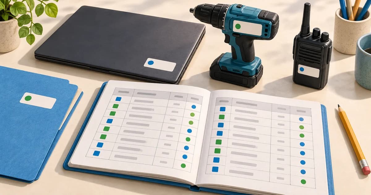Illustration of a tidy equipment register beside individually labelled tools and a laptop.