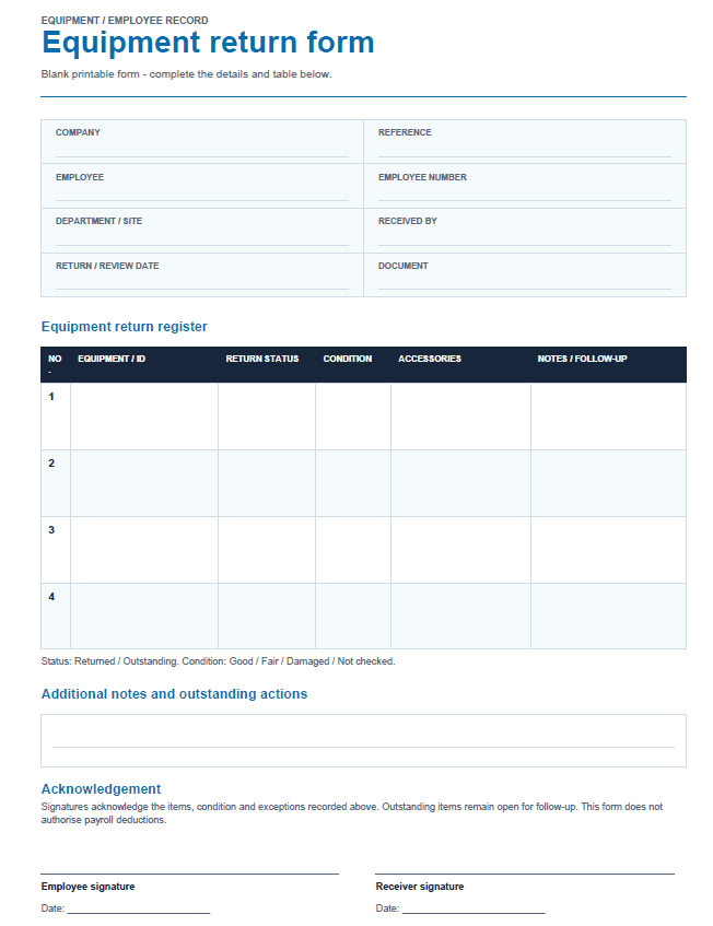 Blank equipment return form showing employee details, an equipment return table, condition and accessory columns, and signature lines
